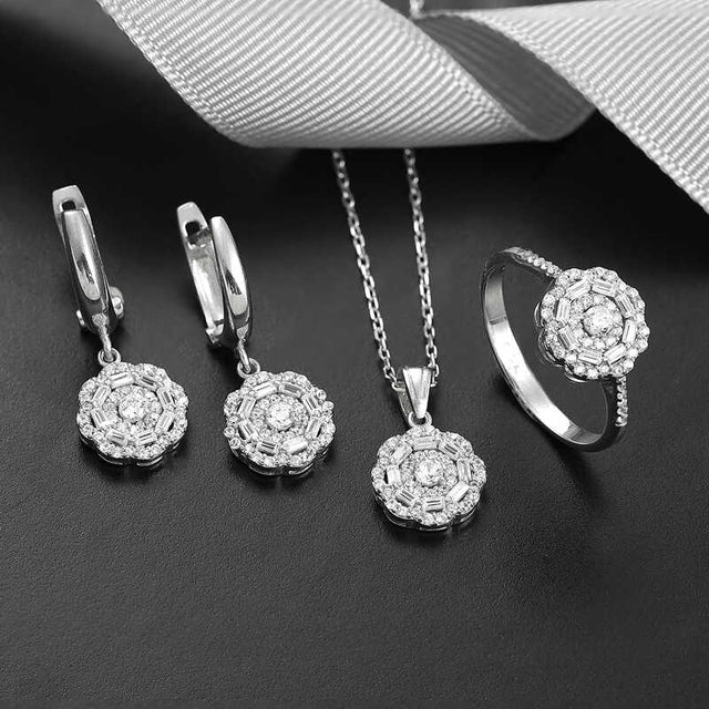 Jewelry Set - Silver-Tone Cubic Zirconia Floral Cluster Design