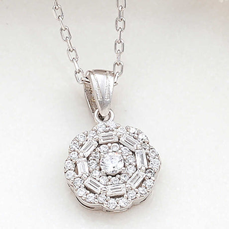 Necklace - Sterling Silver Cubic Zirconia Floral Cluster Pendant