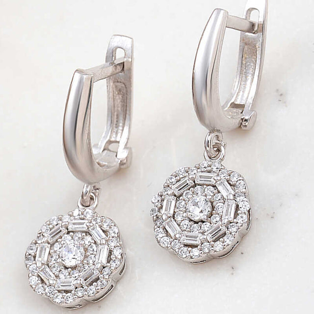 Dangle Earrings - Silver-Tone Zirconia Floral Cluster Drop