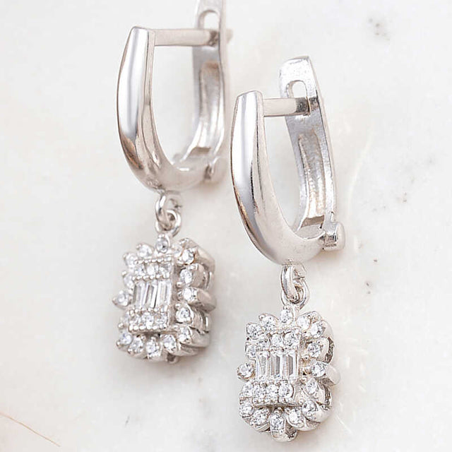 Sterling Silver Dangle Earrings - Baguette & Round CZ Halo