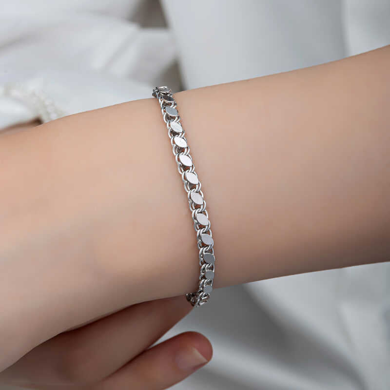 Sterling Silver Bracelet - Elegant Flat Link Chain for Women