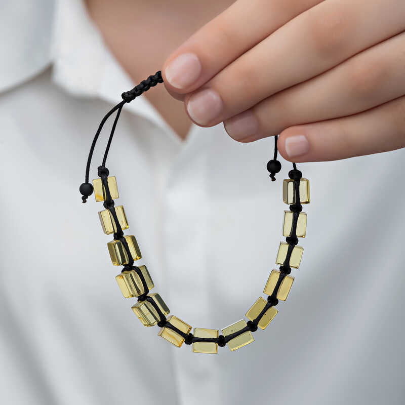 Bracelet - Natural Amber Cube Bead Adjustable Macrame Bracelet