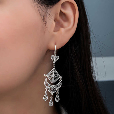 Sterling Silver Filigree Drop Earrings - Handcrafted Ornate Design