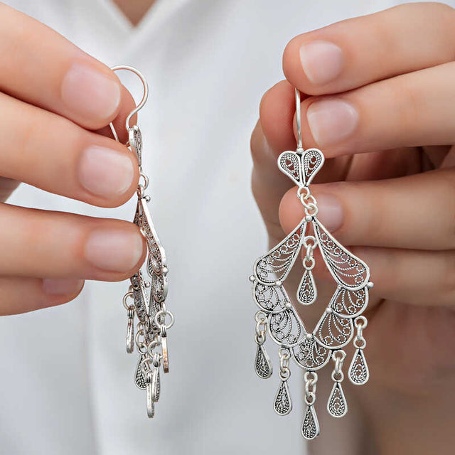 Sterling Silver Ornate Filigree Chandelier Dangling Earrings