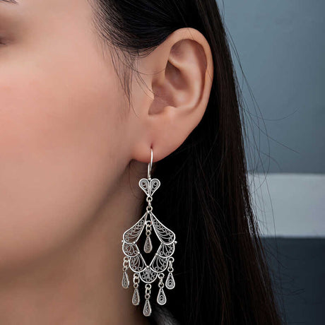 Sterling Silver Ornate Filigree Chandelier Dangling Earrings