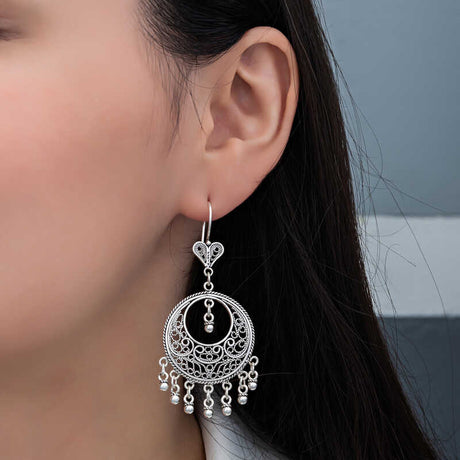Sterling Silver Filigree Hoop Dangle Earrings - Boho Style