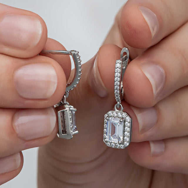 Sterling Silver Dangle Earrings - Elegant Baguette & Halo Design