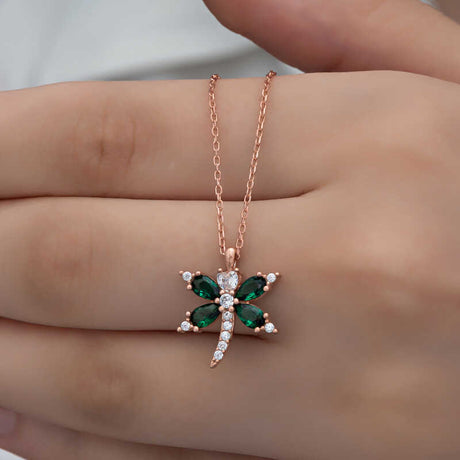 Rose Gold Plated Sterling Silver Dragonfly Necklace - Sparkling Green Zirconia
