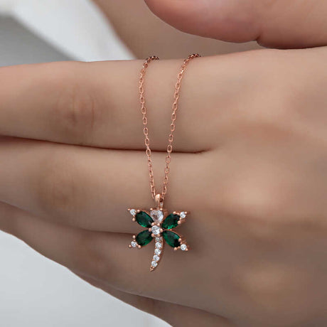 Rose Gold Plated Sterling Silver Dragonfly Necklace - Sparkling Green Zirconia
