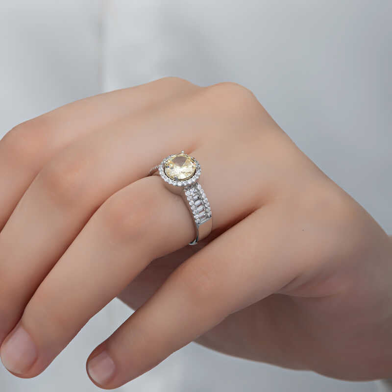 Statement Ring - Sterling Silver Yellow Solitaire Halo Design