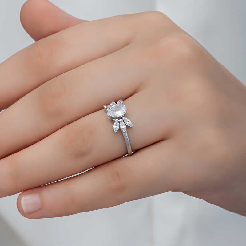 Silver-Tone Zirconia Pear & Marquise Cluster Ring