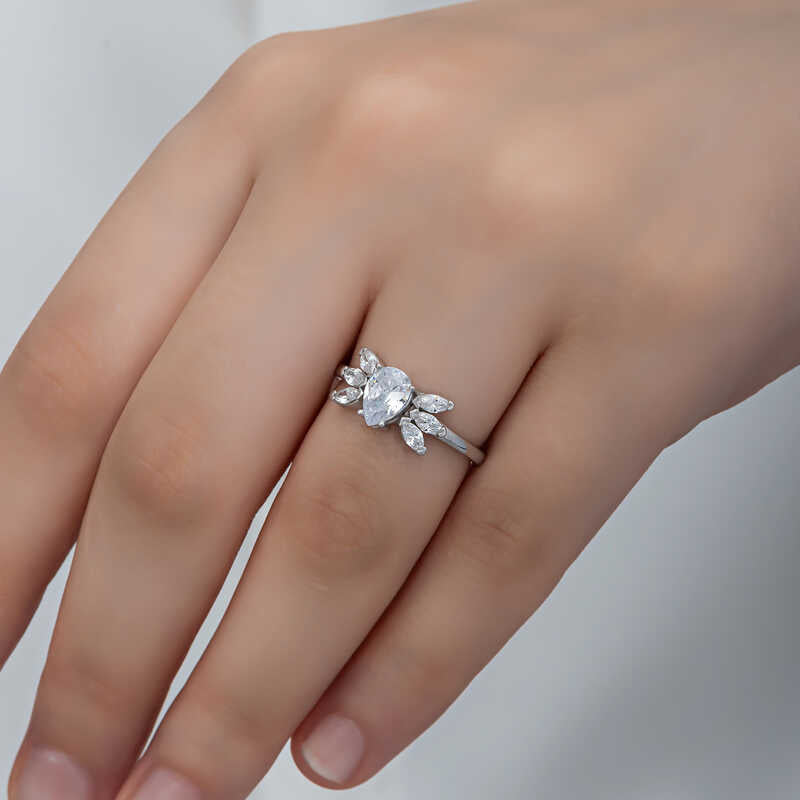 Silver-Tone Zirconia Pear & Marquise Cluster Ring
