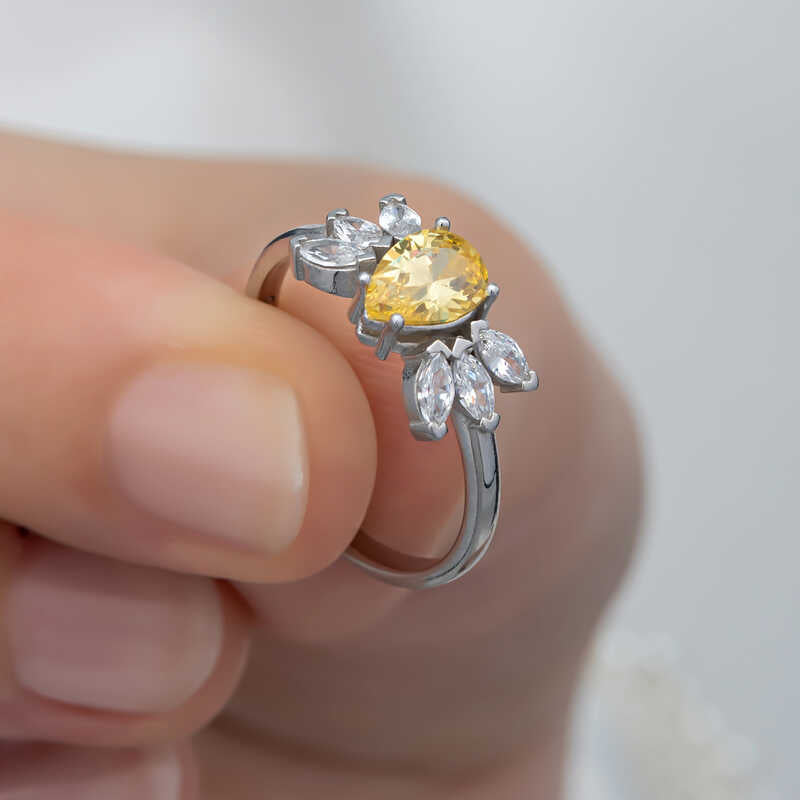 Women's Ring - Sterling Silver Pear Cut Yellow Zircon Cluster