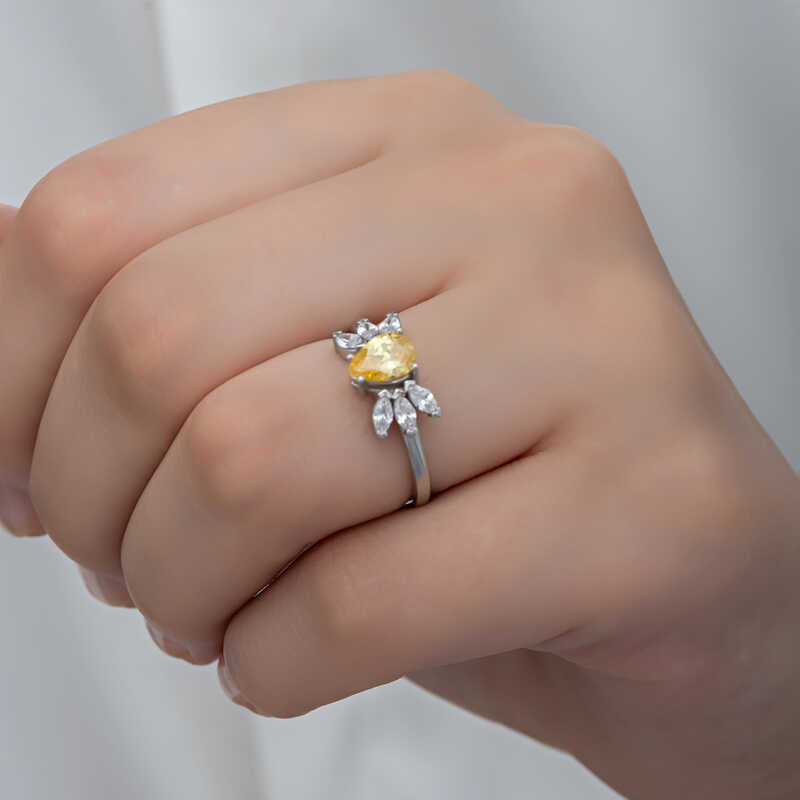 Women's Ring - Sterling Silver Pear Cut Yellow Zircon Cluster