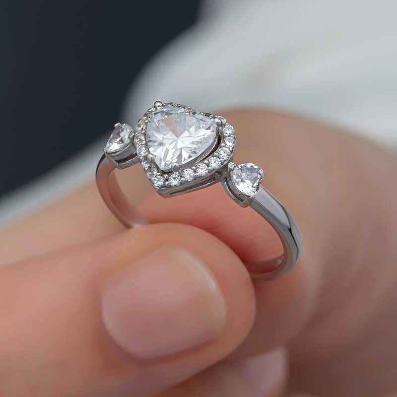 Sterling Silver Heart Halo Ring - Sparkling White Stone Design