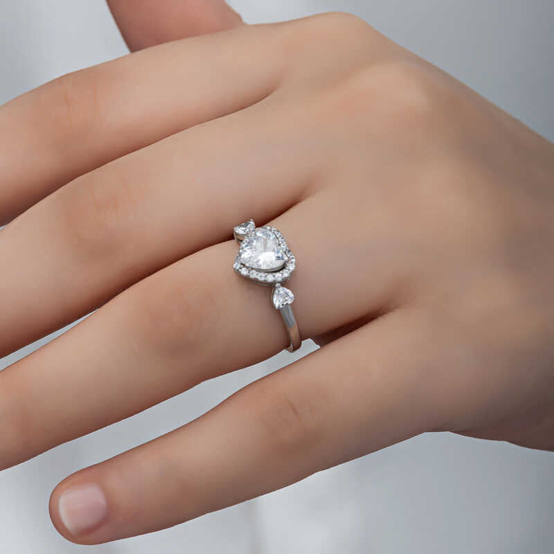 Sterling Silver Heart Halo Ring - Sparkling White Stone Design