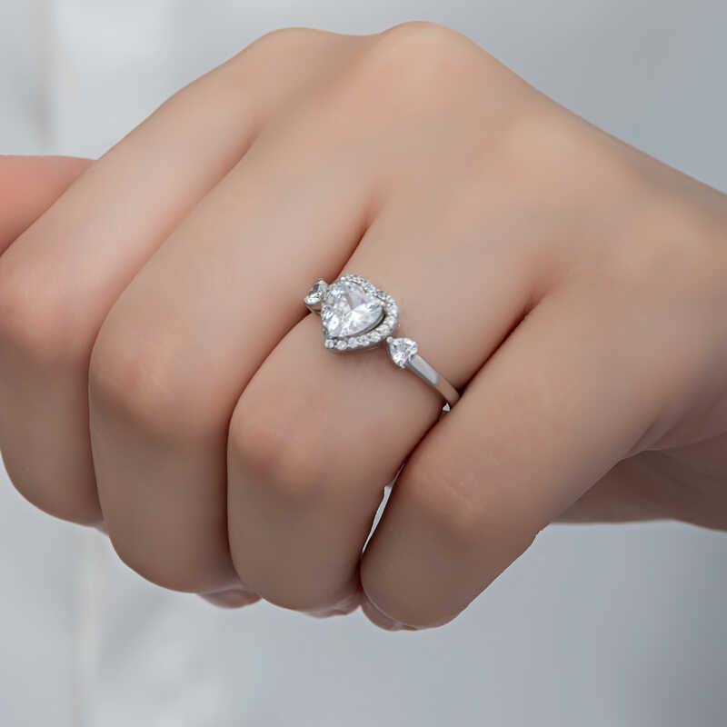 Sterling Silver Heart Halo Ring - Sparkling White Stone Design