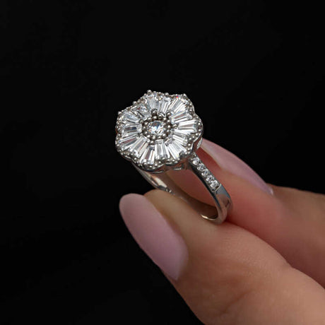 Ring - Sterling Silver Baguette Zirconia Floral Cluster