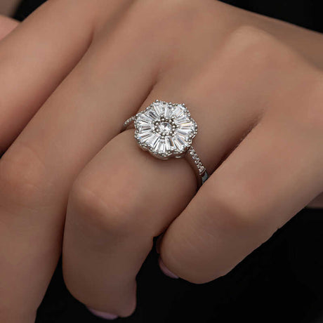 Ring - Sterling Silver Baguette Zirconia Floral Cluster