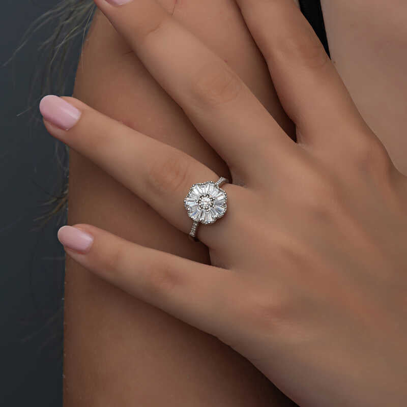 Ring - Sterling Silver Baguette Zirconia Floral Cluster