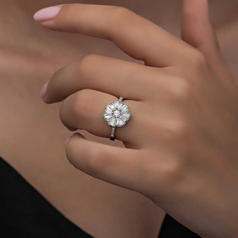 Ring - Sterling Silver Baguette Zirconia Floral Cluster