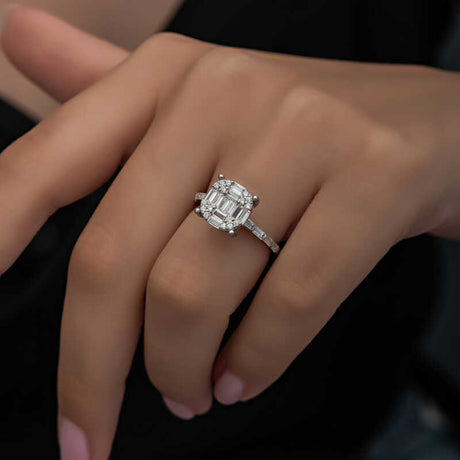 Sterling Silver Baguette & Round Cut Cluster Ring