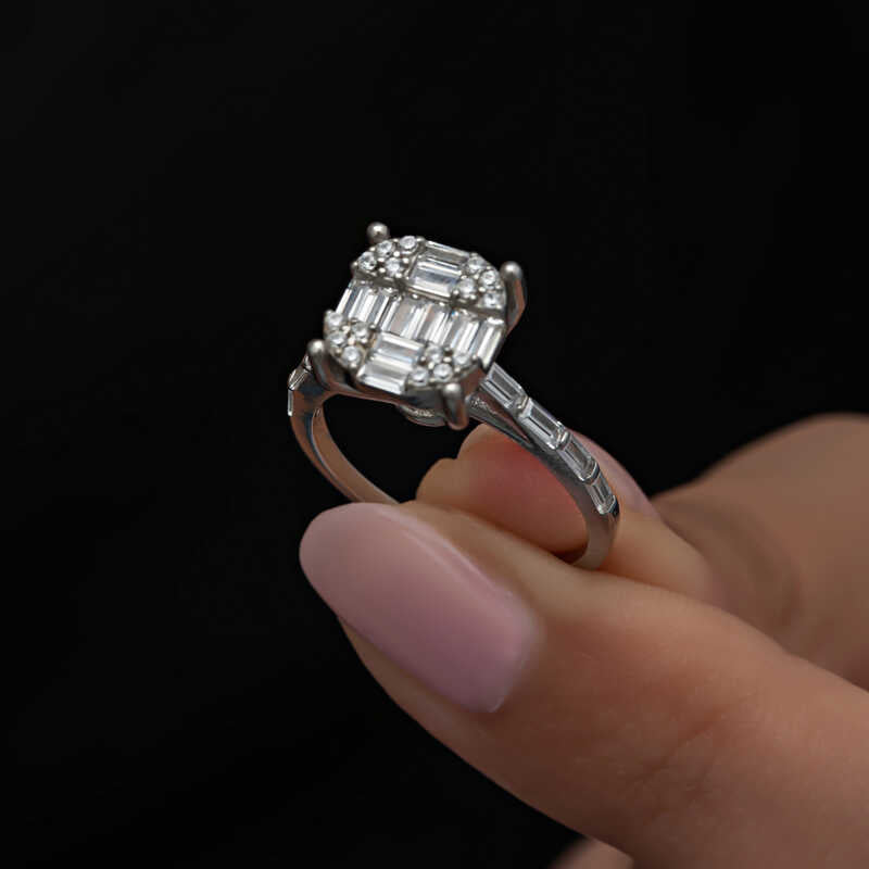 Sterling Silver Baguette & Round Cut Cluster Ring