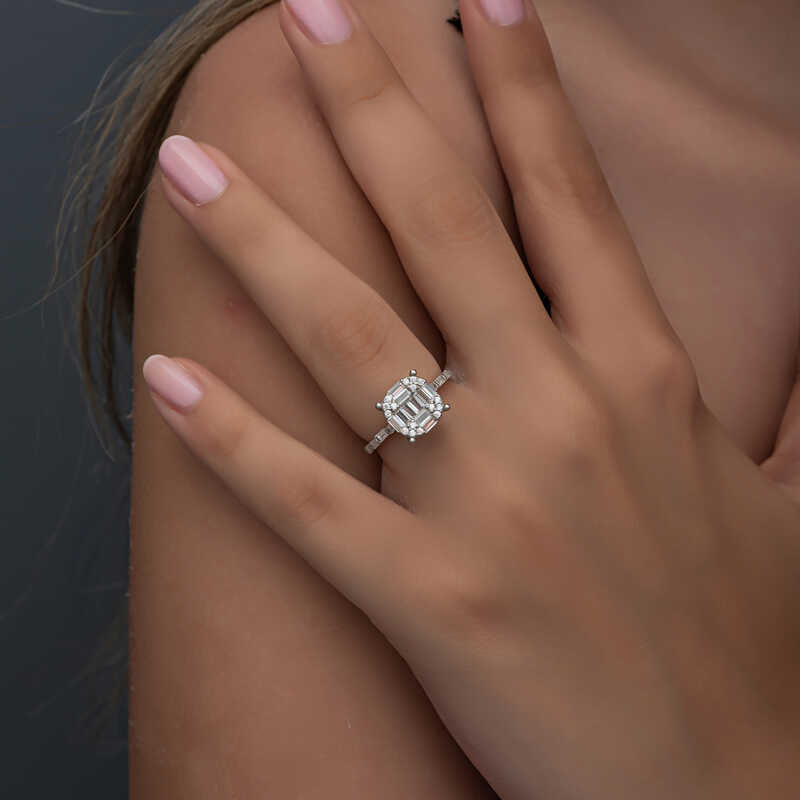 Sterling Silver Baguette & Round Cut Cluster Ring