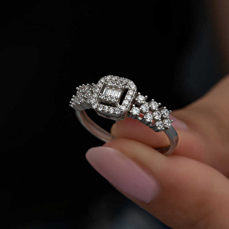 Statement Ring - Silver-Tone Baguette & Halo Clear Stone Design