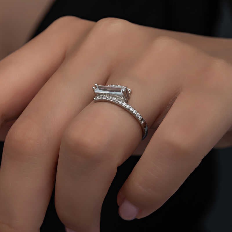 Ring - Silver-Tone Baguette & Pave Bypass Statement Design