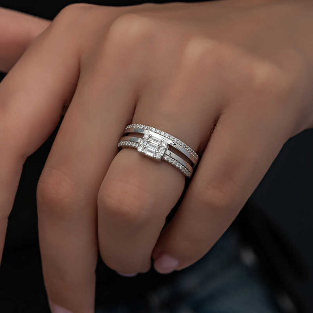 Silver Baguette & Pave Multi-Row Ring