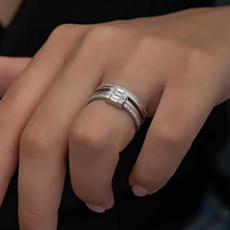 Silver Baguette & Pave Multi-Row Ring