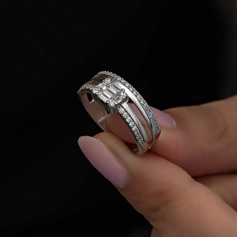 Silver Baguette & Pave Multi-Row Ring