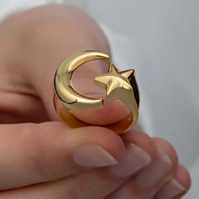 Gold-Tone Open Ring - Crescent Moon & Star Statement Jewelry