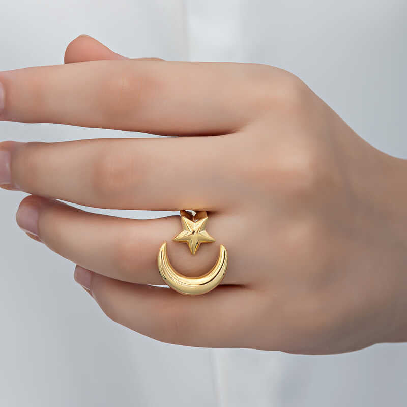 Gold-Tone Open Ring - Crescent Moon & Star Statement Jewelry