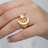 Gold-Tone Open Ring - Crescent Moon & Star Statement Jewelry