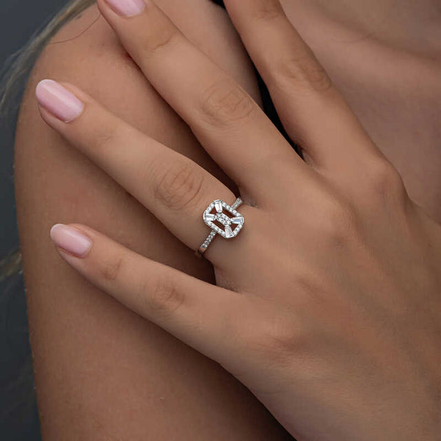 Ring - Silver-Tone Baguette & Round Cut Geometric Statement Ring