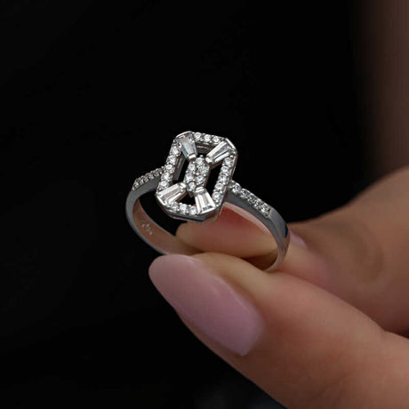 Ring - Silver-Tone Baguette & Round Cut Geometric Statement Ring