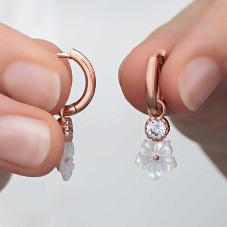 Rose Gold Tone Zircon & Mother-of-Pearl Floral Hoop Dangle Earrings