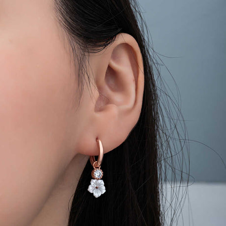 Rose Gold Tone Zircon & Mother-of-Pearl Floral Hoop Dangle Earrings