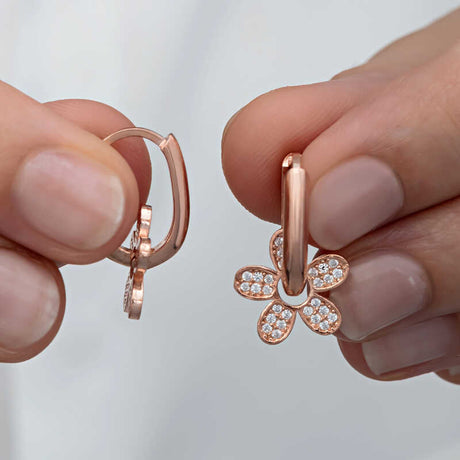 Rose Gold Plated Floral Hoop Earrings - Dainty Cubic Zirconia Flower