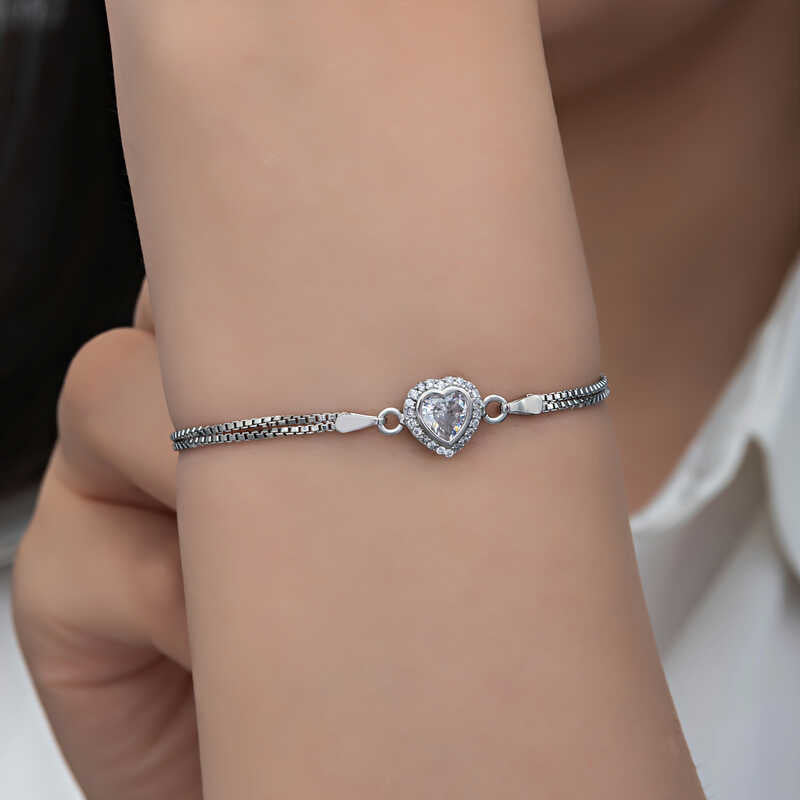 Sterling Silver - Sparkling Heart Cubic Zirconia Adjustable Slider Bracelet