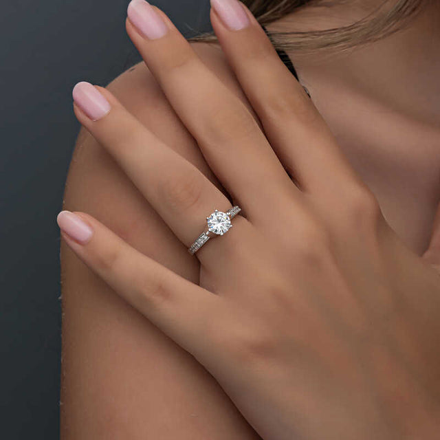 Solitaire Ring - Silver-Tone Cubic Zirconia with Pave Accent Band