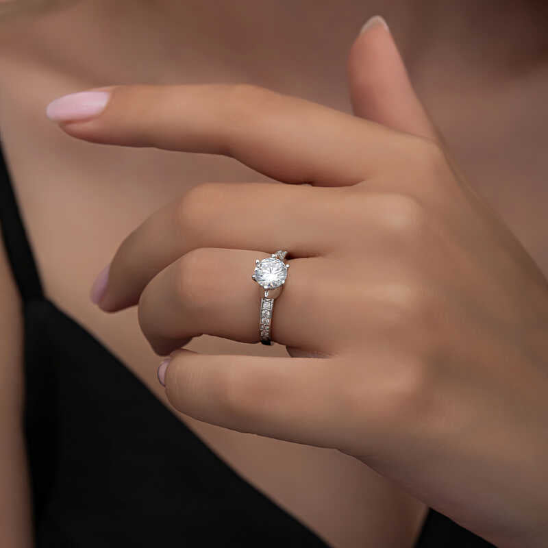 Solitaire Ring - Silver-Tone Cubic Zirconia with Pave Accent Band