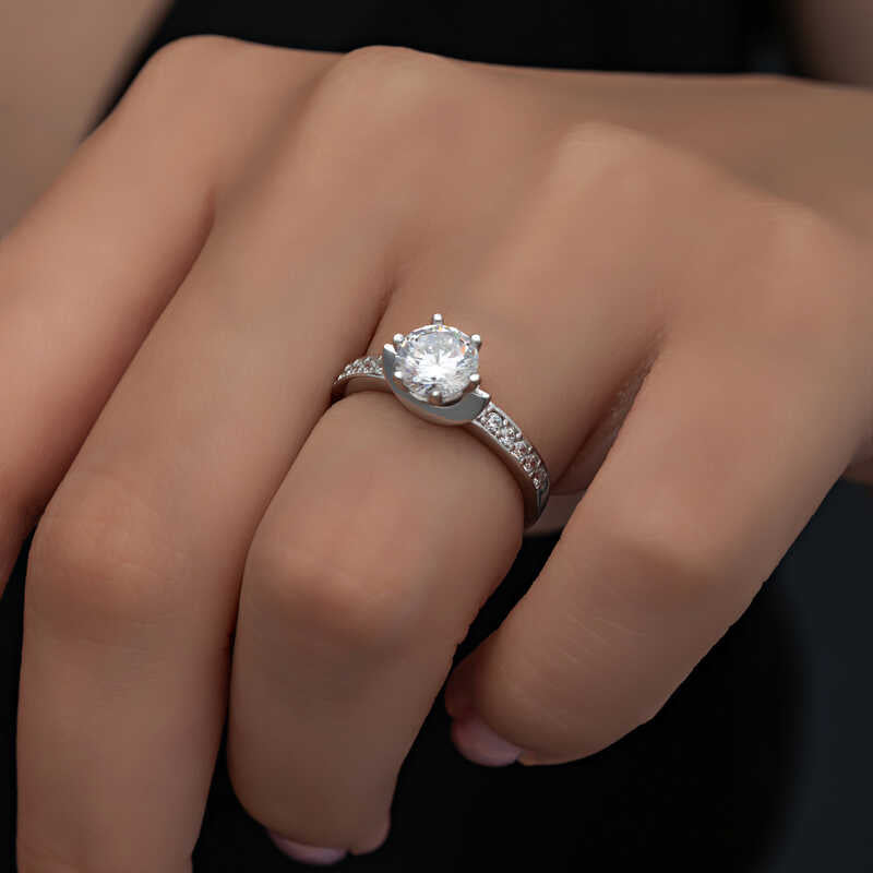 Solitaire Ring - Silver-Tone Cubic Zirconia with Pave Accent Band