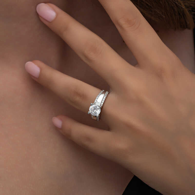 Sterling Silver Solitaire Ring - Dazzling Zirconia with Pave Band