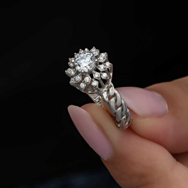 Sterling Silver Solitaire Ring - Halo Setting & Chain Band