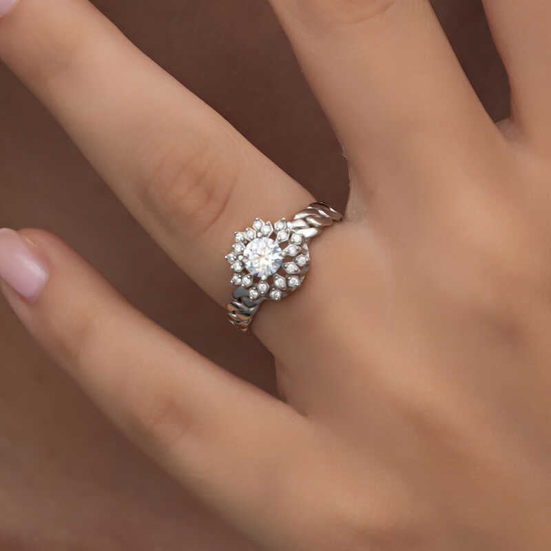Sterling Silver Solitaire Ring - Halo Setting & Chain Band