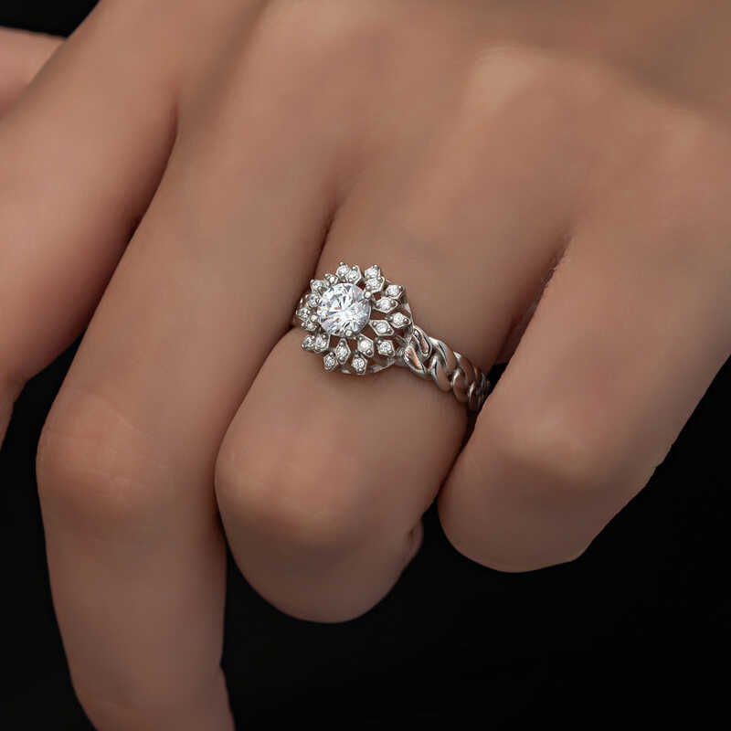Sterling Silver Solitaire Ring - Halo Setting & Chain Band