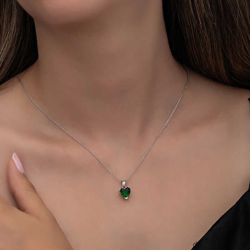 Heart Necklace - Sterling Silver Green Gemstone Solitaire